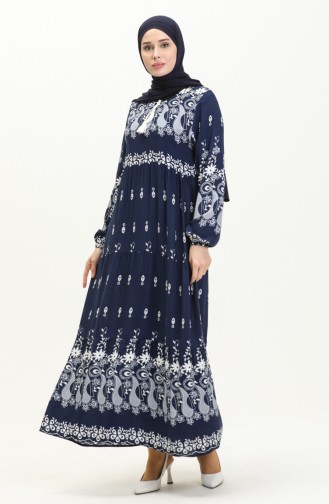 Floral Print Viscose Dress 4107-05 Navy Blue 4107-05