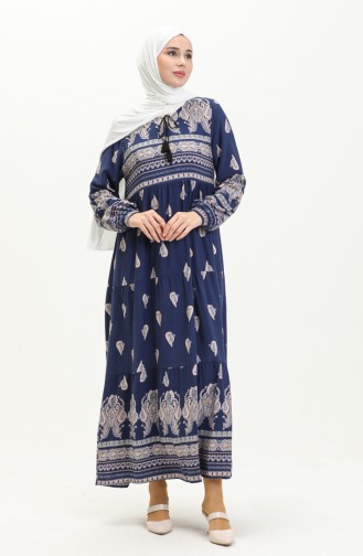 Elastic Sleeve Patterned Viscose Dress 4111-03 Navy Blue 4111-03