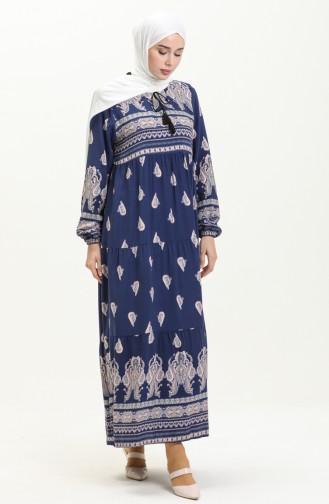 Elastic Sleeve Patterned Viscose Dress 4111-03 Navy Blue 4111-03