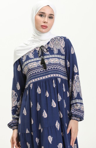 Elastic Sleeve Patterned Viscose Dress 4111-03 Navy Blue 4111-03