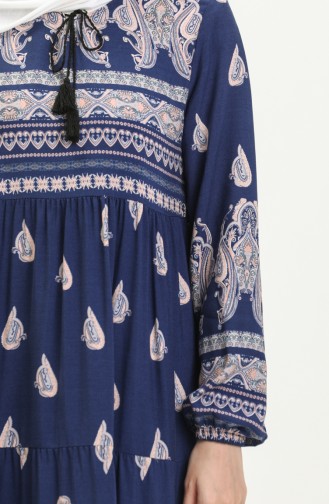 Elastic Sleeve Patterned Viscose Dress 4111-03 Navy Blue 4111-03