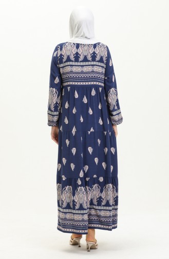 Elastic Sleeve Patterned Viscose Dress 4111-03 Navy Blue 4111-03