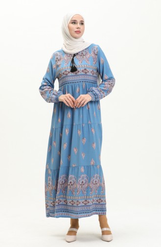 Elastic Sleeve Patterned Viscose Dress 4111-04 Baby Blue 4111-04