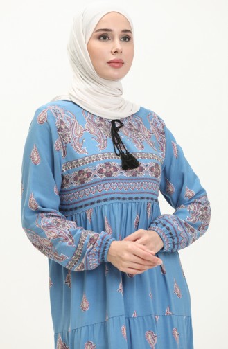 Elastic Sleeve Patterned Viscose Dress 4111-04 Baby Blue 4111-04