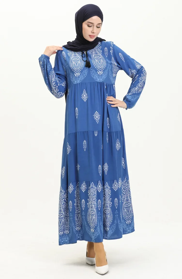 Robe en Viscose à Motifs 4113-05 Bleu Roi 4113-05