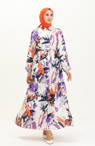Robe Plissée à Motifs 1016-01 Blanc Pourpre 1016-01