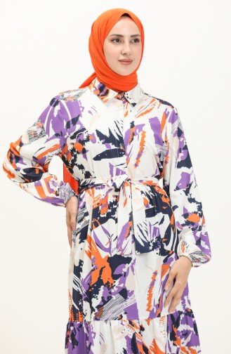 Robe Plissée à Motifs 1016-01 Blanc Pourpre 1016-01