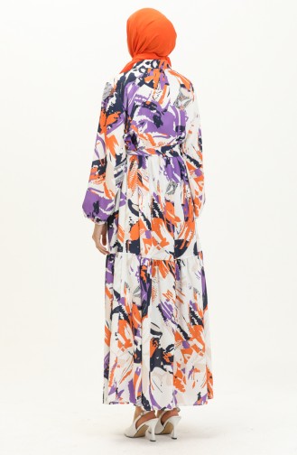 Robe Plissée à Motifs 1016-01 Blanc Pourpre 1016-01