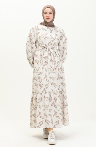 Printed Linen Dress 1018-06 Cream Beige 1018-06