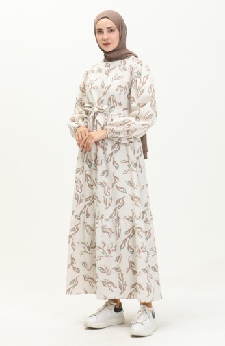 Printed Linen Dress 1018-06 Cream Beige 1018-06