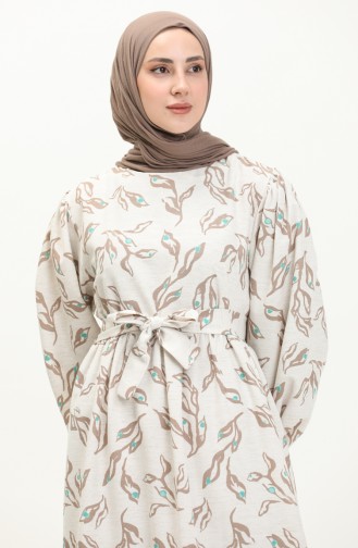 Printed Linen Dress 1018-06 Cream Beige 1018-06