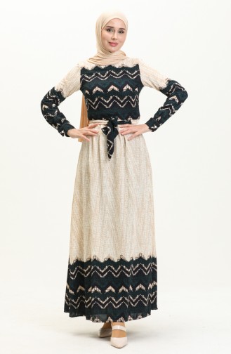 Garnished Printed Dress 60295-03 Beige Emerald Green 60295-03