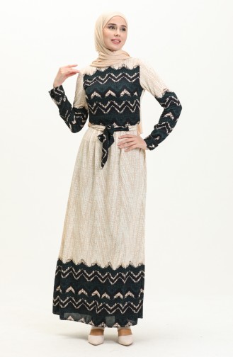 Garnished Printed Dress 60295-03 Beige Emerald Green 60295-03