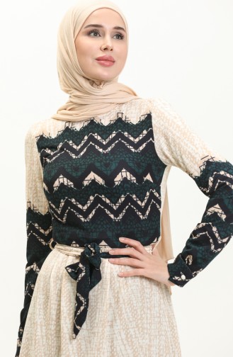 Garnished Printed Dress 60295-03 Beige Emerald Green 60295-03