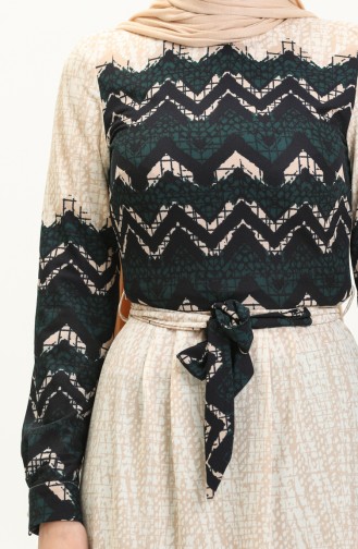 Garnished Printed Dress 60295-03 Beige Emerald Green 60295-03