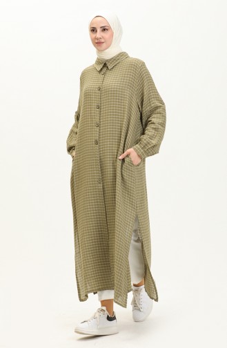 Müslin Kumaş Kareli Uzun Tunik 24Y8865-03 Haki