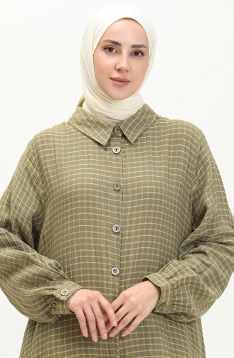 Müslin Kumaş Kareli Uzun Tunik 24Y8865-03 Haki