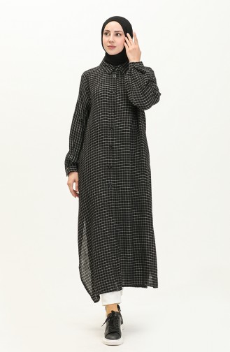 Müslin Kumaş Kareli Uzun Tunik 24Y8865-04 Siyah