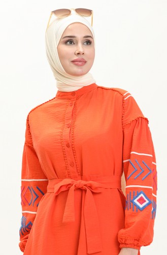 Kolu Nakışlı Dantel Detaylı Elbise Oranj