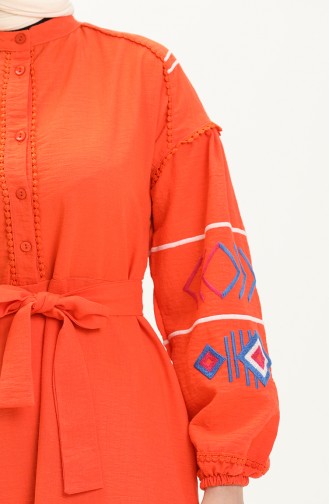 Kolu Nakışlı Dantel Detaylı Elbise Oranj