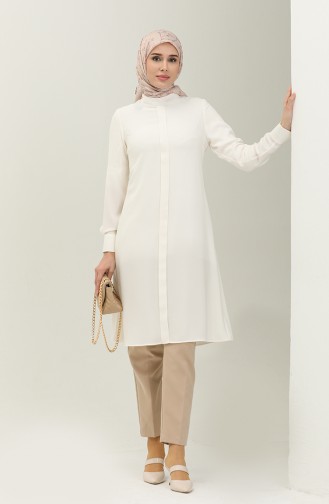 Patlı Uzun Tunik 15069-01 Beyaz