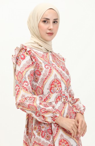 Gemustertes Leinenkleid 24Y8903-04 Burgunder-Senf 24Y8903-04