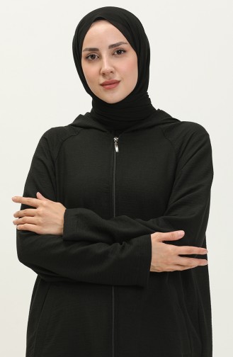 Vivezza Kapşonlu Fermuarlı Dökümlü Ferace 6979-01 Siyah