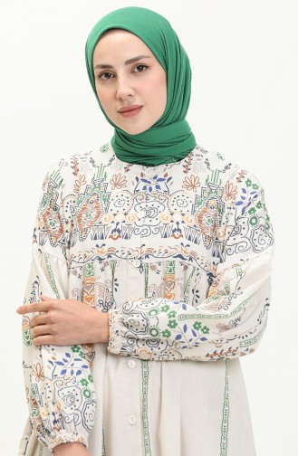 Abaya en Lin à Motifs 24Y8949-02 Beige Vert Emeraude 24Y8949-02