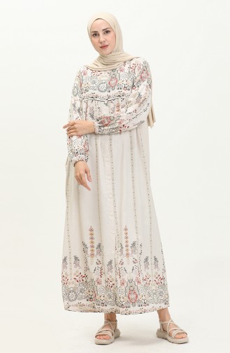 Gemusterte Leinen-Abaya 24Y8949-03 Beige-Senf 24Y8949-03