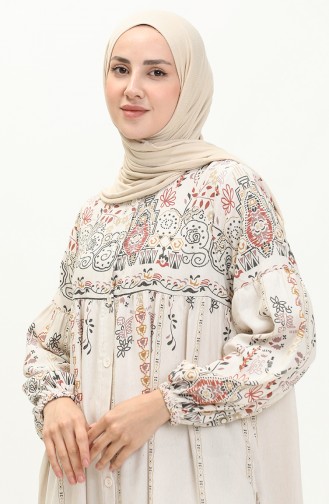 Gemusterte Leinen-Abaya 24Y8949-03 Beige-Senf 24Y8949-03