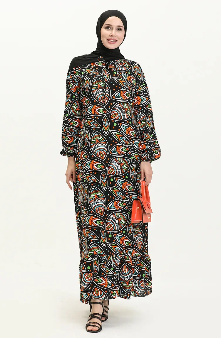 Gemustertes Viskosekleid 7005-01 Schwarz 7005-01