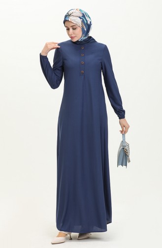 Elastic Sleeve Hidden Button Dress 0578-03 Indigo 0578-03