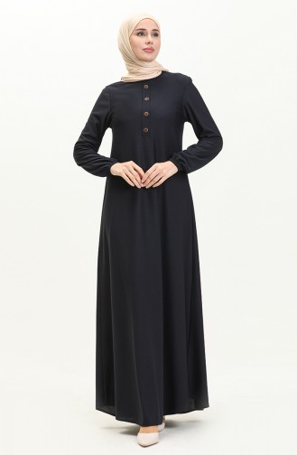 Elastic Sleeve Hidden Button Dress 0578-08 Navy Blue 0578-08