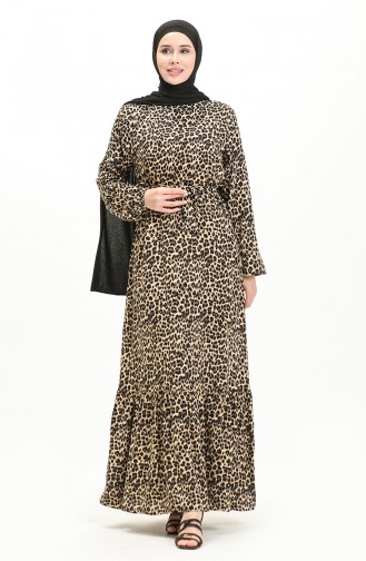 Leopar Desenli Elbise 0055-01 Bej Siyah