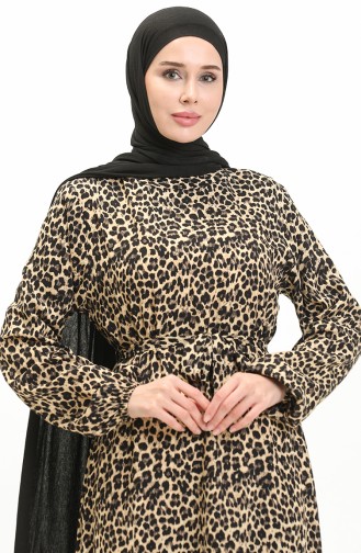 Leopar Desenli Elbise 0055-01 Bej Siyah