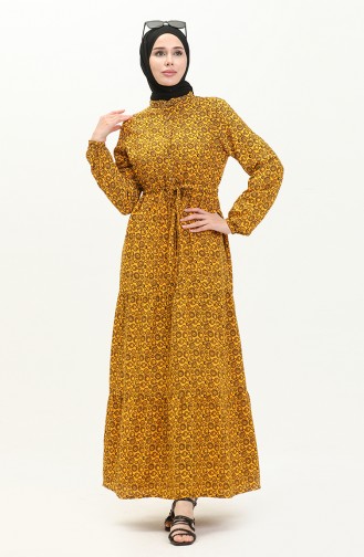 Printed Shirred Dress 0058-03 Mustard 0058-03