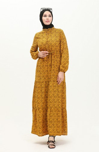 Printed Shirred Dress 0058-03 Mustard 0058-03