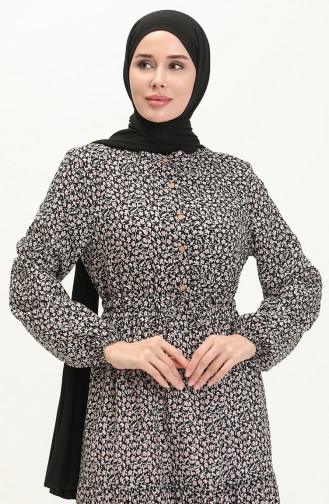 Çiçekli Viskon Elbise 0054-02 Siyah