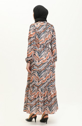 Desenli Kuşaklı Elbise 0056-03 Hardal