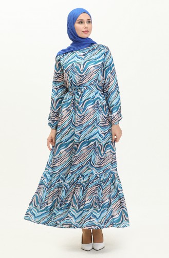 Desenli Kuşaklı Elbise 0056-04 Mavi