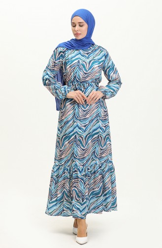 Printed Belted Dress 0056-04 Blue 0056-04