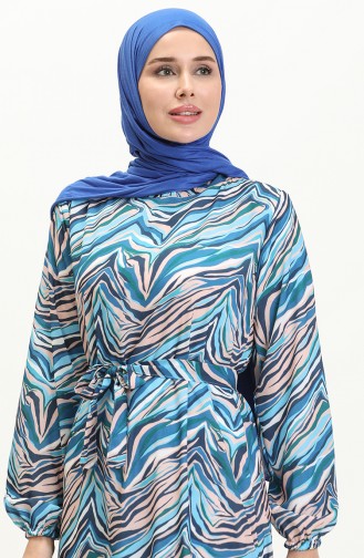 Desenli Kuşaklı Elbise 0056-04 Mavi