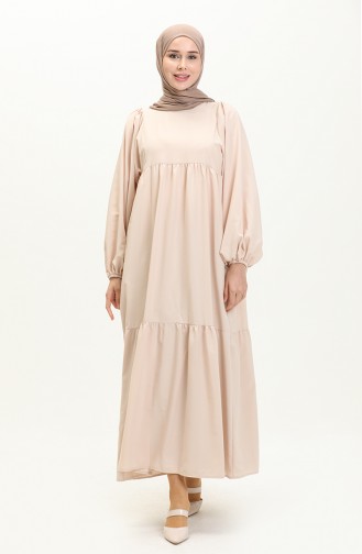 Gerafftes Kleid mit Ballonärmeln 24Y8922-12 Beige 24Y8922-12