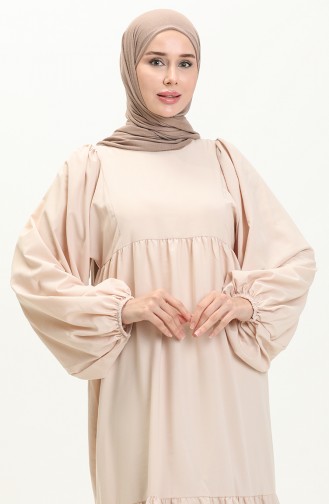 Gerafftes Kleid mit Ballonärmeln 24Y8922-12 Beige 24Y8922-12