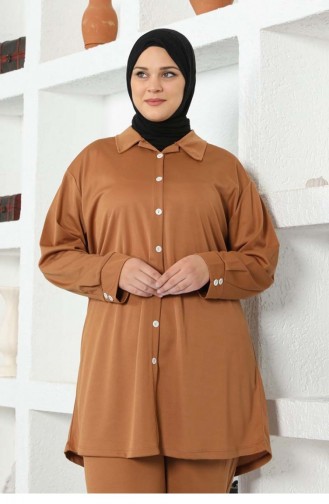 Büyük Beden Double Örme Gömlekli Takım Taba
