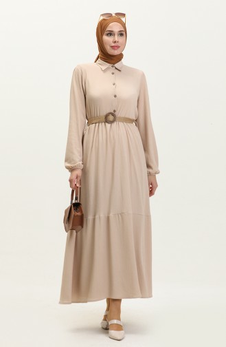 Crepe Fabric Belted Dress 4027-02 Beige 4027-02