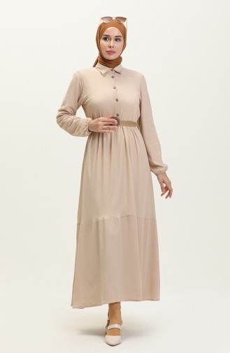 Crepe Fabric Belted Dress 4027-02 Beige 4027-02