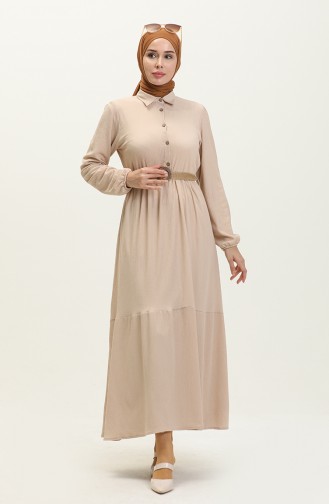 Kleid mit Gürtel aus Burlap-Stoff 4027-02 Beige 4027-02