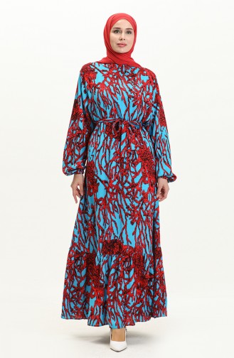 Plus Size Printed Belted Dress 0047-01 Blue Red 0047-01