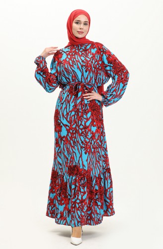 Büyük Beden Desenli Kuşaklı Elbise 0047-01 Mavi Kırmızı